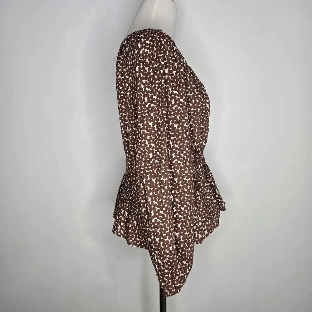 J Crew Womens Cottage Smocked Waist Top Mocha Brown Floral Boho Peplum Medium